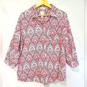 Chicos Linen No Iron Pink Paisley Medallion Artistic Boho Button Down Shirt